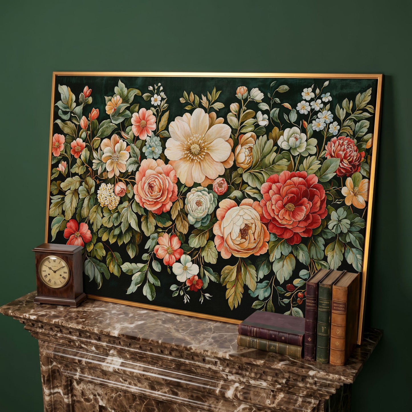 Vintage Peony & Rose Canvas Print in Forest Green & Coral in antique gold floating frame