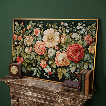 Vintage Peony & Rose Canvas Print in Forest Green & Coral in antique gold floating frame