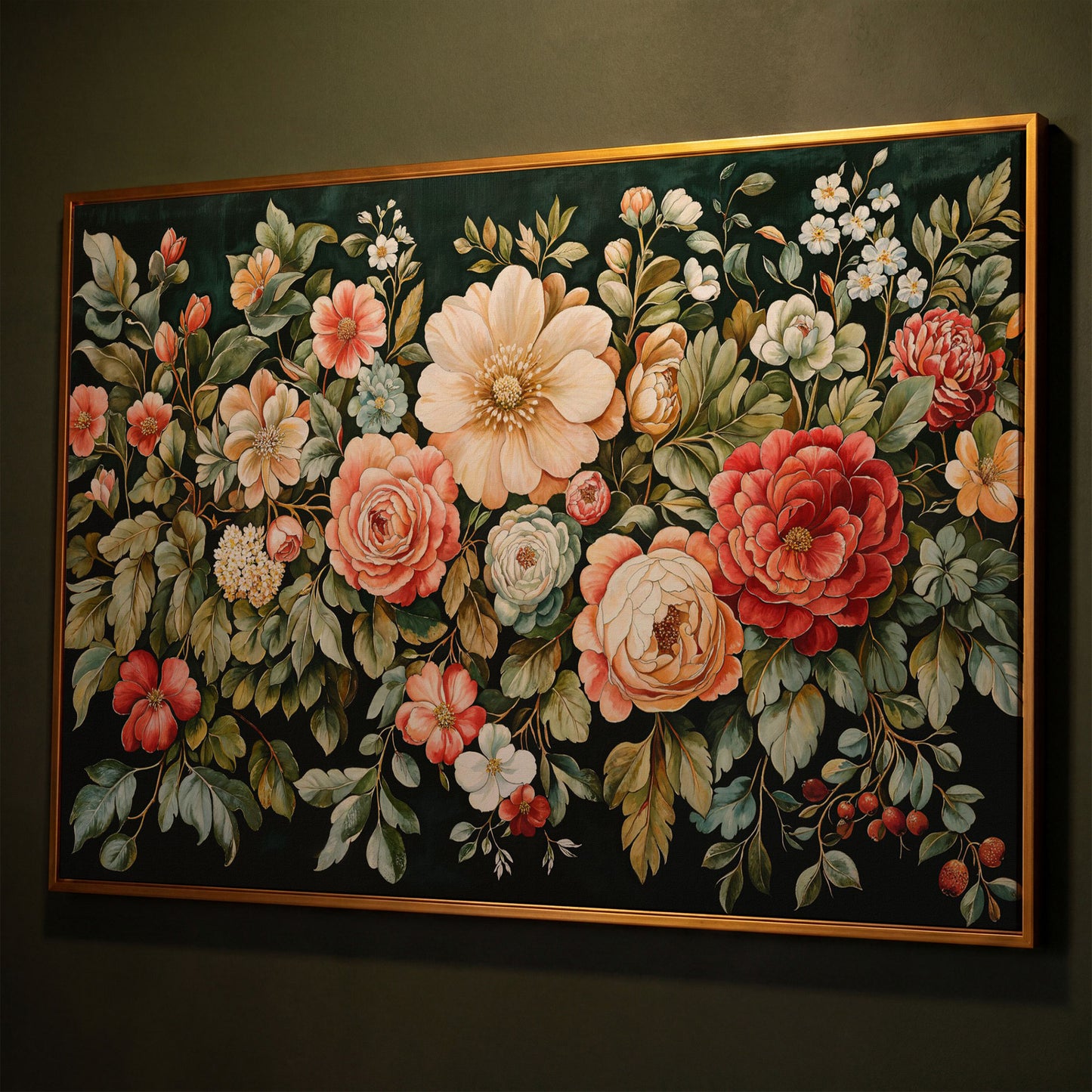 Vintage Peony & Rose Canvas Print in Forest Green & Coral shown in antique gold floating frame