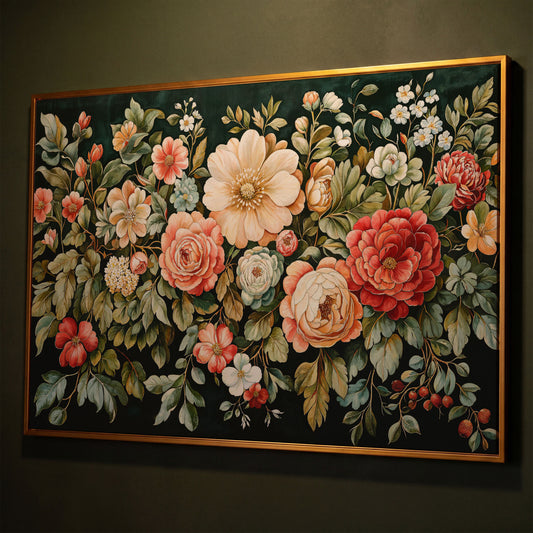 Vintage Peony & Rose Canvas Print in Forest Green & Coral shown in antique gold floating frame