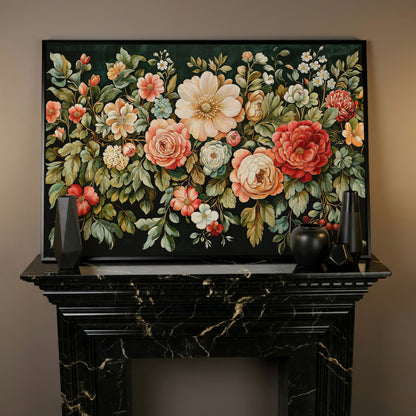 Vintage Peony & Rose Canvas Print in Forest Green & Coral in black floating frame