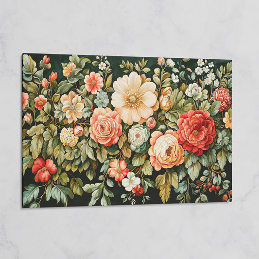 Vintage Peony & Rose Canvas Print in Forest Green & Coral on gallery wrap