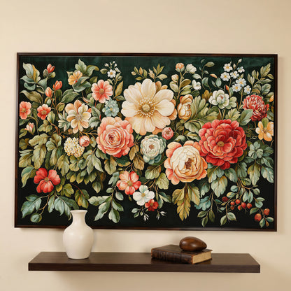 Vintage Peony & Rose Canvas Print in Forest Green & Coral in dark walnut floating frame