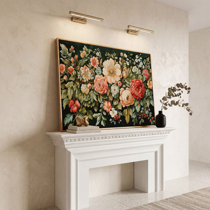 Vintage Peony & Rose Canvas Print in Forest Green & Coral in white oak floating frame