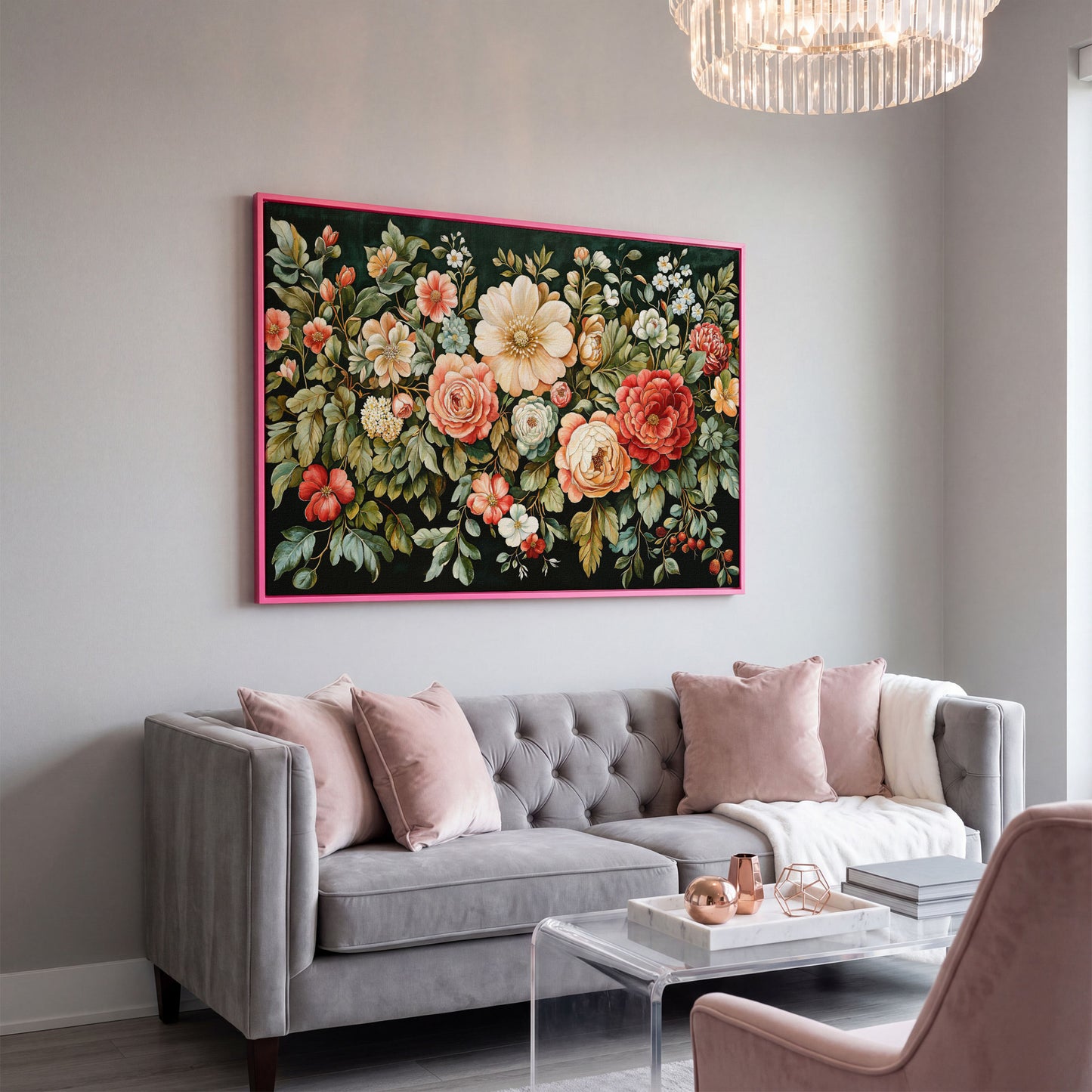 Vintage Peony & Rose Canvas Print in Forest Green & Coral in pink floating frame