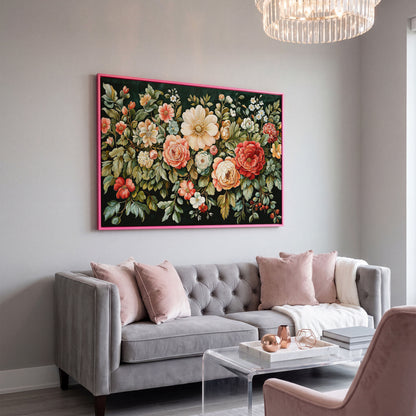 Vintage Peony & Rose Canvas Print in Forest Green & Coral in pink floating frame