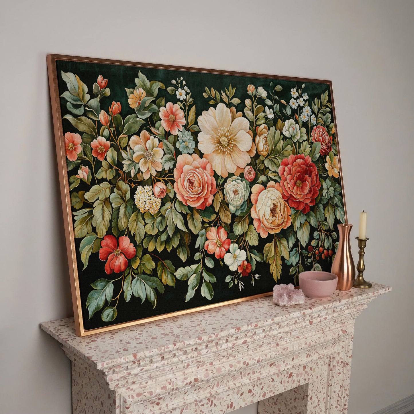 Vintage Peony & Rose Canvas Print in Forest Green & Coral in rose gold floating frame