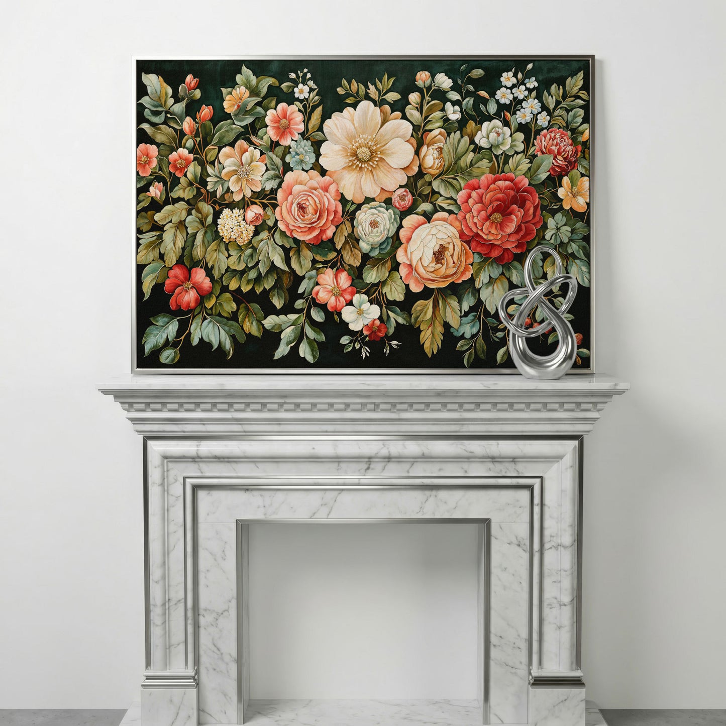Vintage Peony & Rose Canvas Print in Forest Green & Coral in silver floating frame