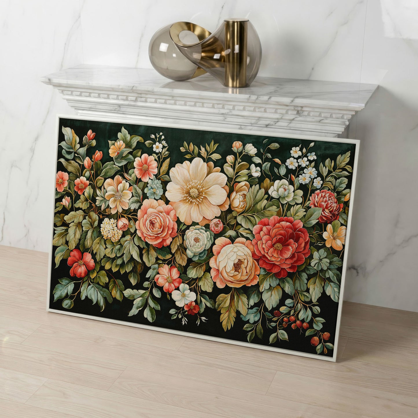 Vintage Peony & Rose Canvas Print in Forest Green & Coral in white floating frame