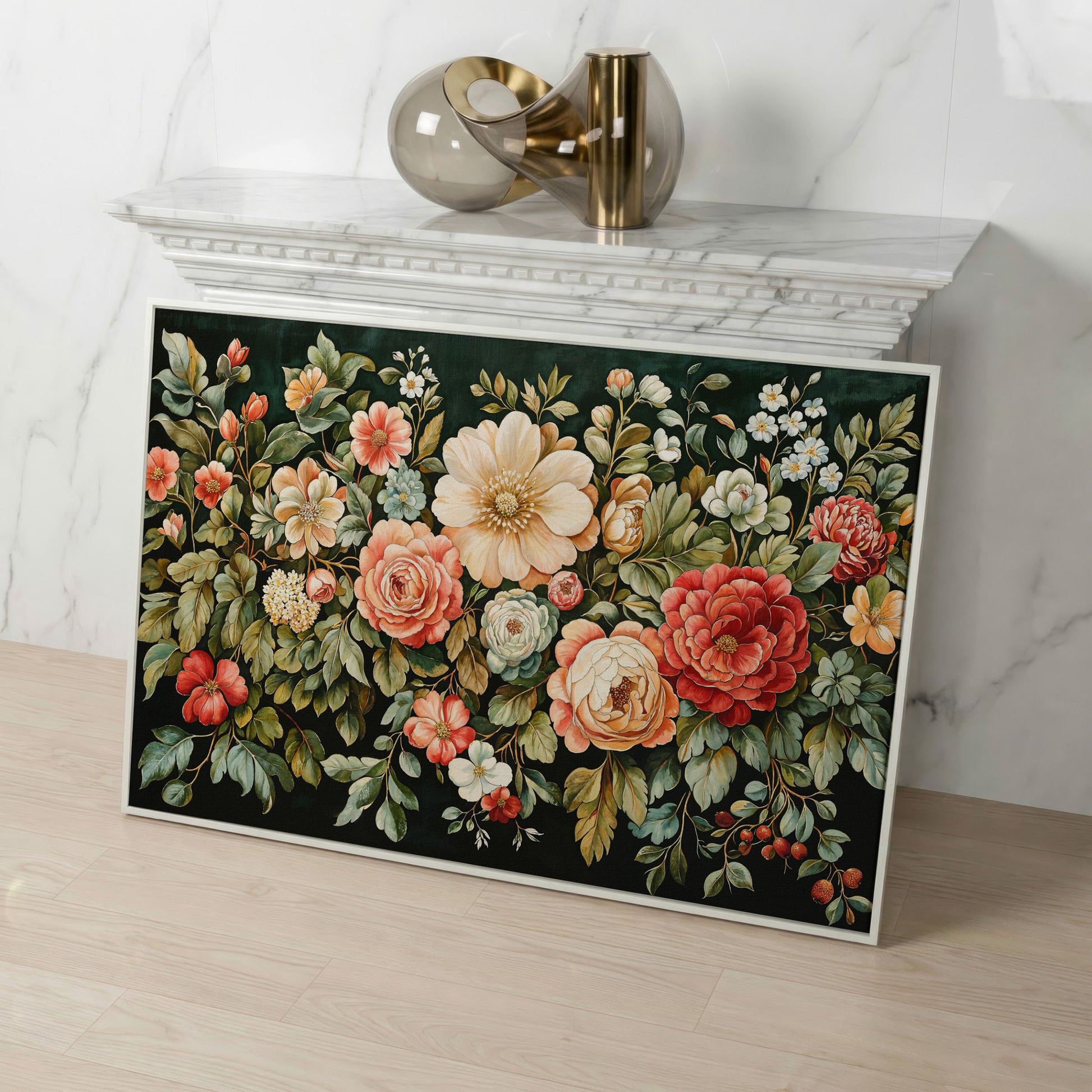 Vintage Peony & Rose Canvas Print in Forest Green & Coral in white floating frame