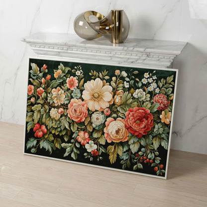 Vintage Peony & Rose Canvas Print in Forest Green & Coral in white floating frame
