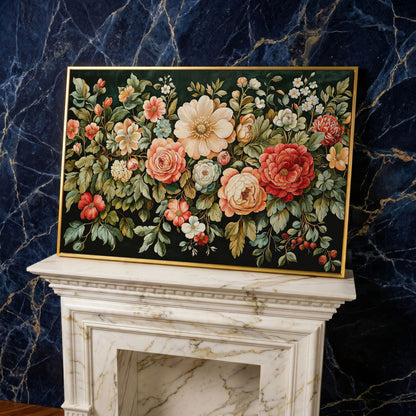 Vintage Peony & Rose Canvas Print in Forest Green & Coral in yellow gold floating frame