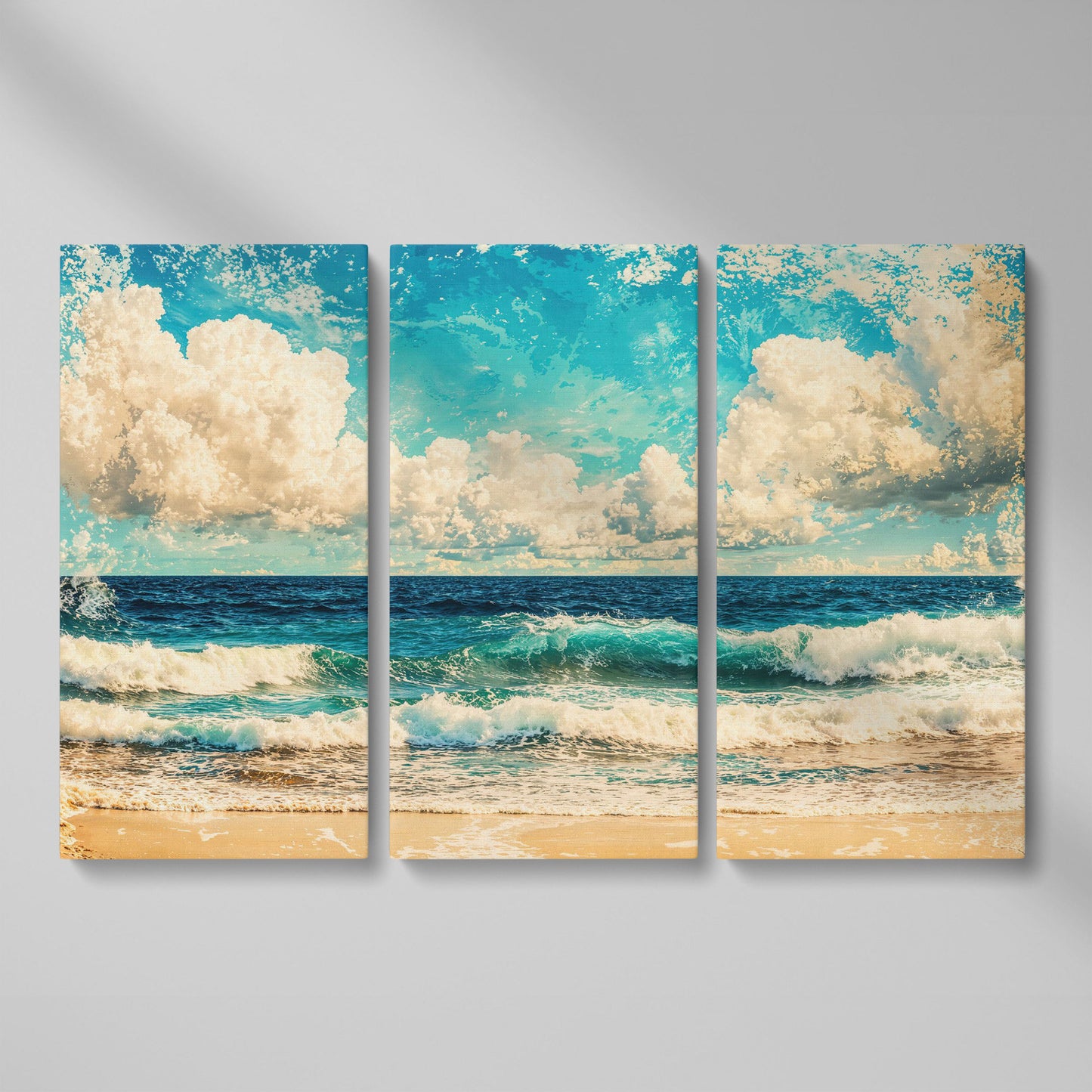 Ocean Waves Canvas Print: Teal & Cream Coastal Seascape as 3-panel split version