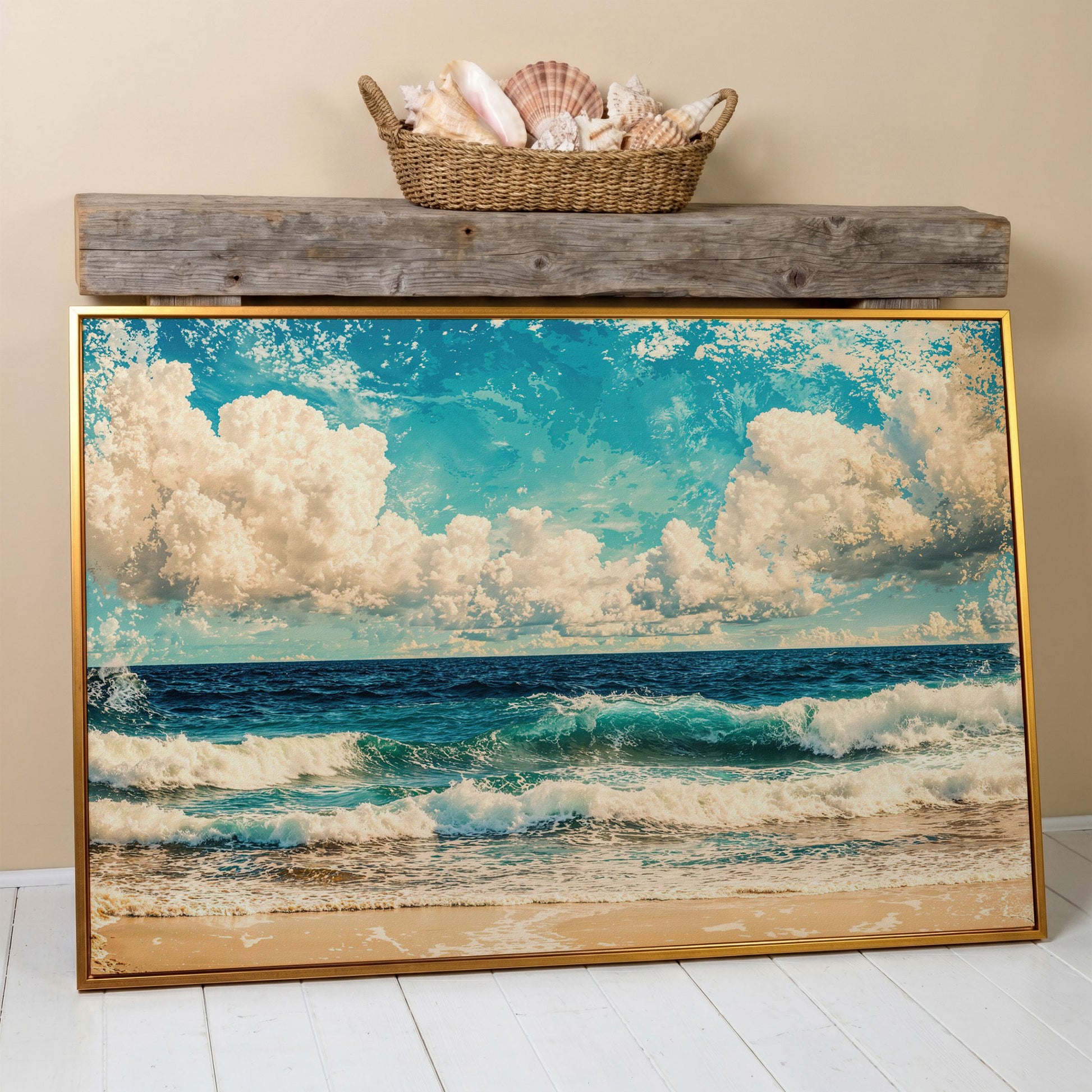 Ocean Waves Canvas Print: Teal & Cream Coastal Seascape in antique gold floating frame