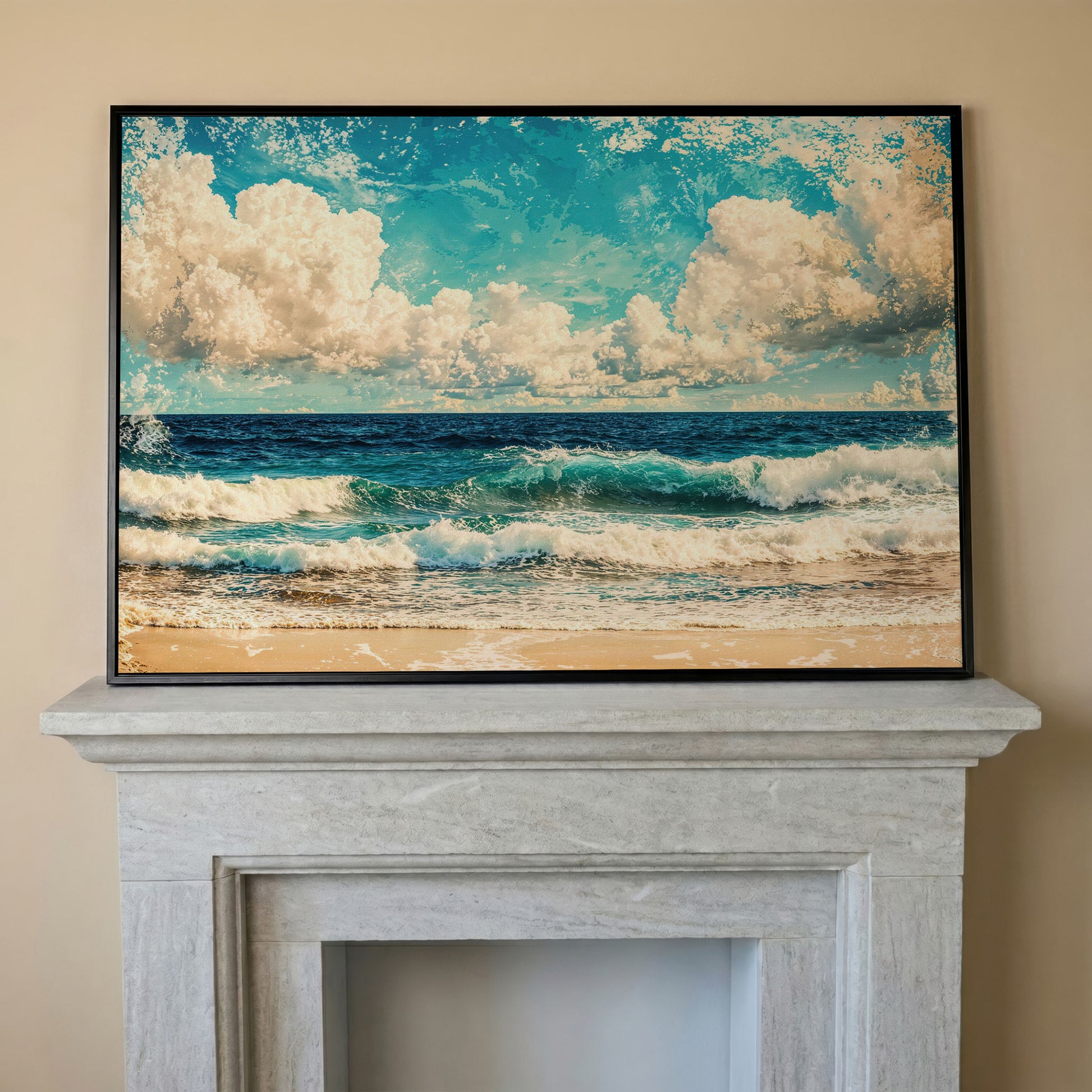 Ocean Waves Canvas Print: Teal & Cream Coastal Seascape in black floating frame