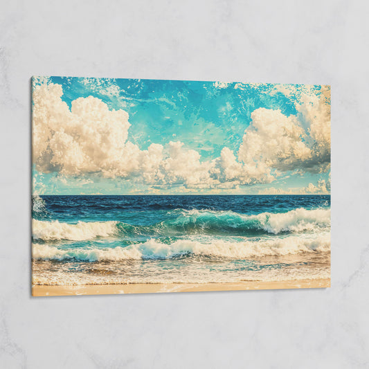 Ocean Waves Canvas Print: Teal & Cream Coastal Seascape on gallery wrap