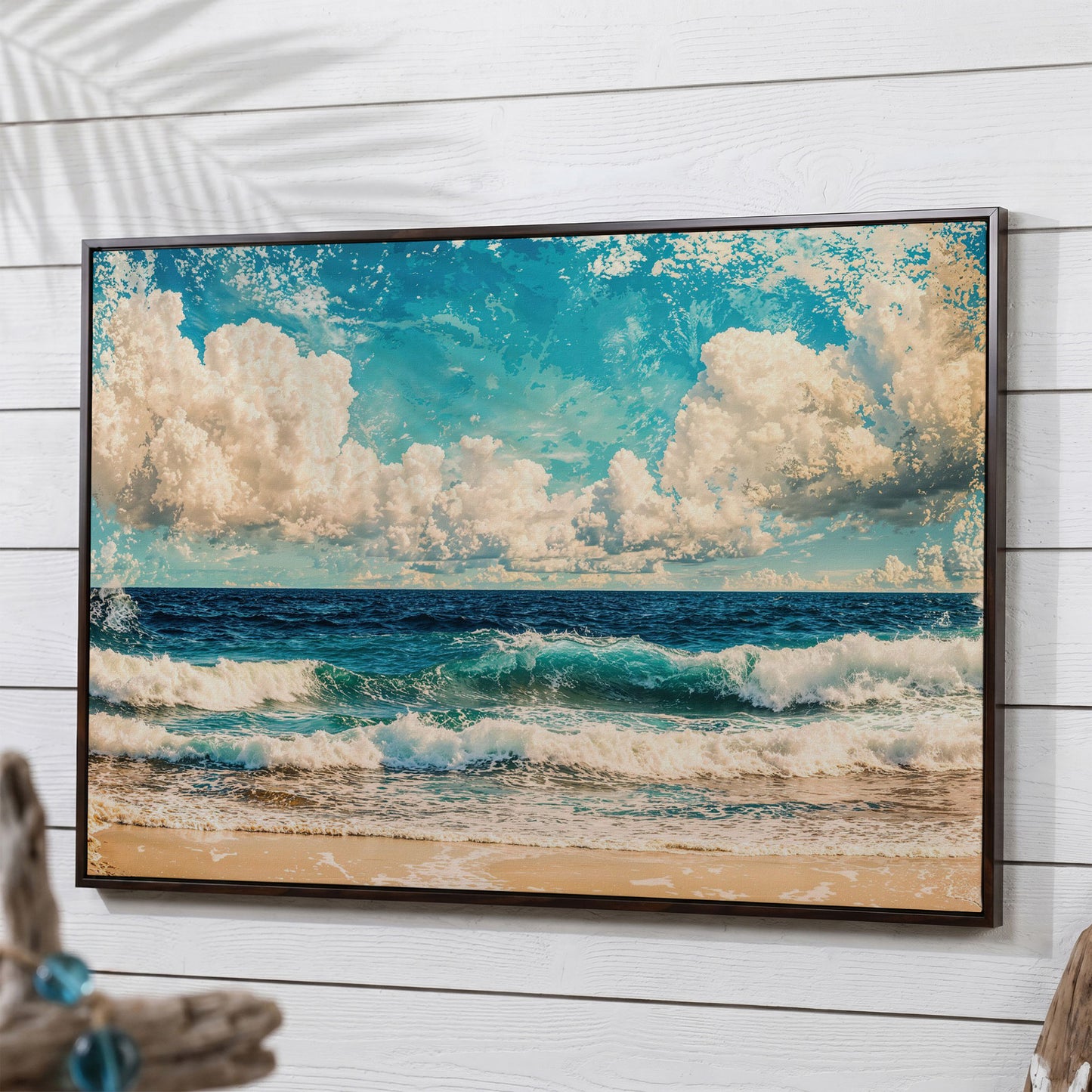 Ocean Waves Canvas Print: Teal & Cream Coastal Seascape in dark walnut floating frame