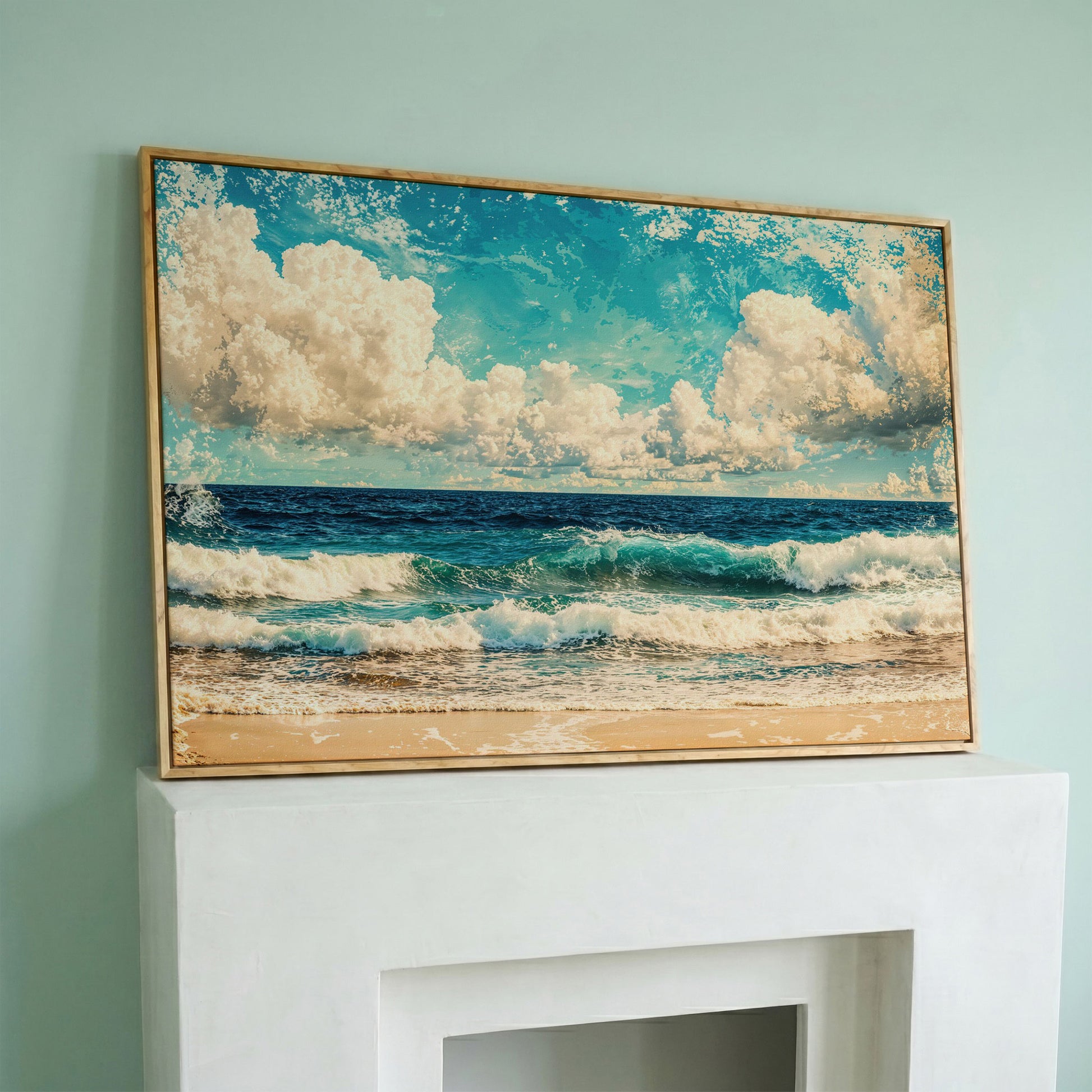 Ocean Waves Canvas Print: Teal & Cream Coastal Seascape in white oak floating frame