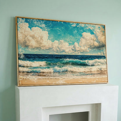 Ocean Waves Canvas Print: Teal & Cream Coastal Seascape in white oak floating frame