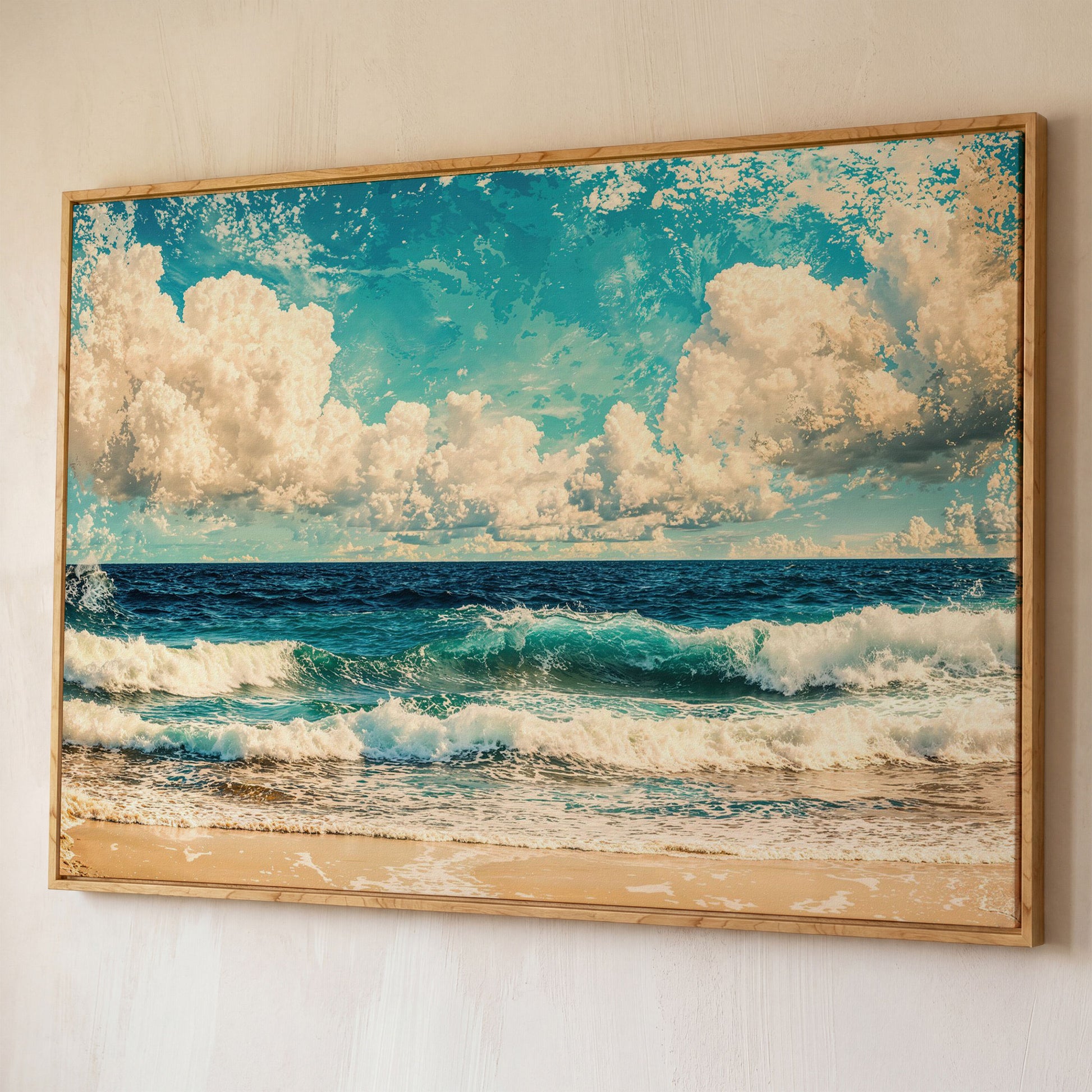 Ocean Waves Canvas Print: Teal & Cream Coastal Seascape shown in white oak floating frame