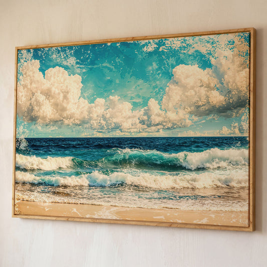 Ocean Waves Canvas Print: Teal & Cream Coastal Seascape shown in white oak floating frame