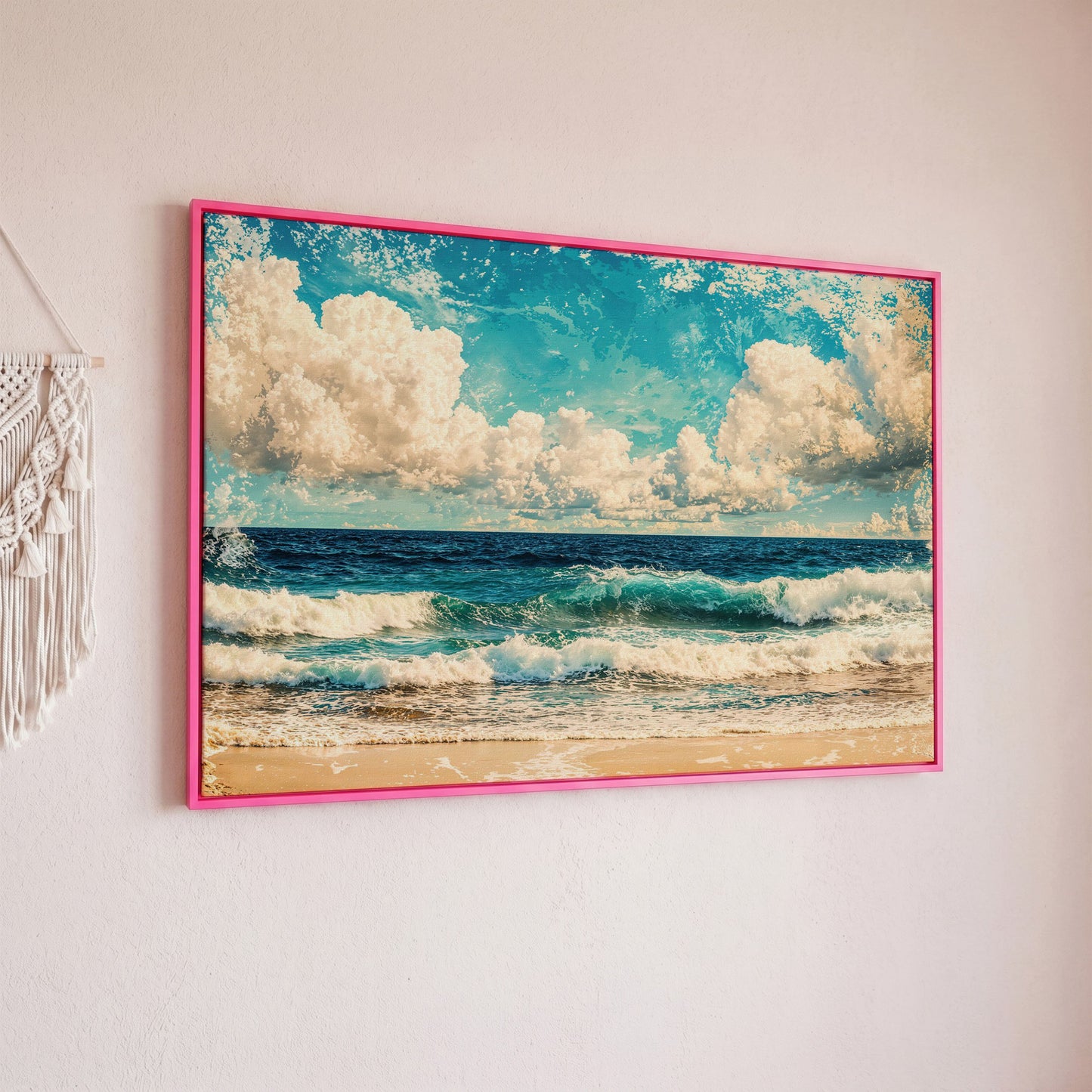 Ocean Waves Canvas Print: Teal & Cream Coastal Seascape in pink floating frame