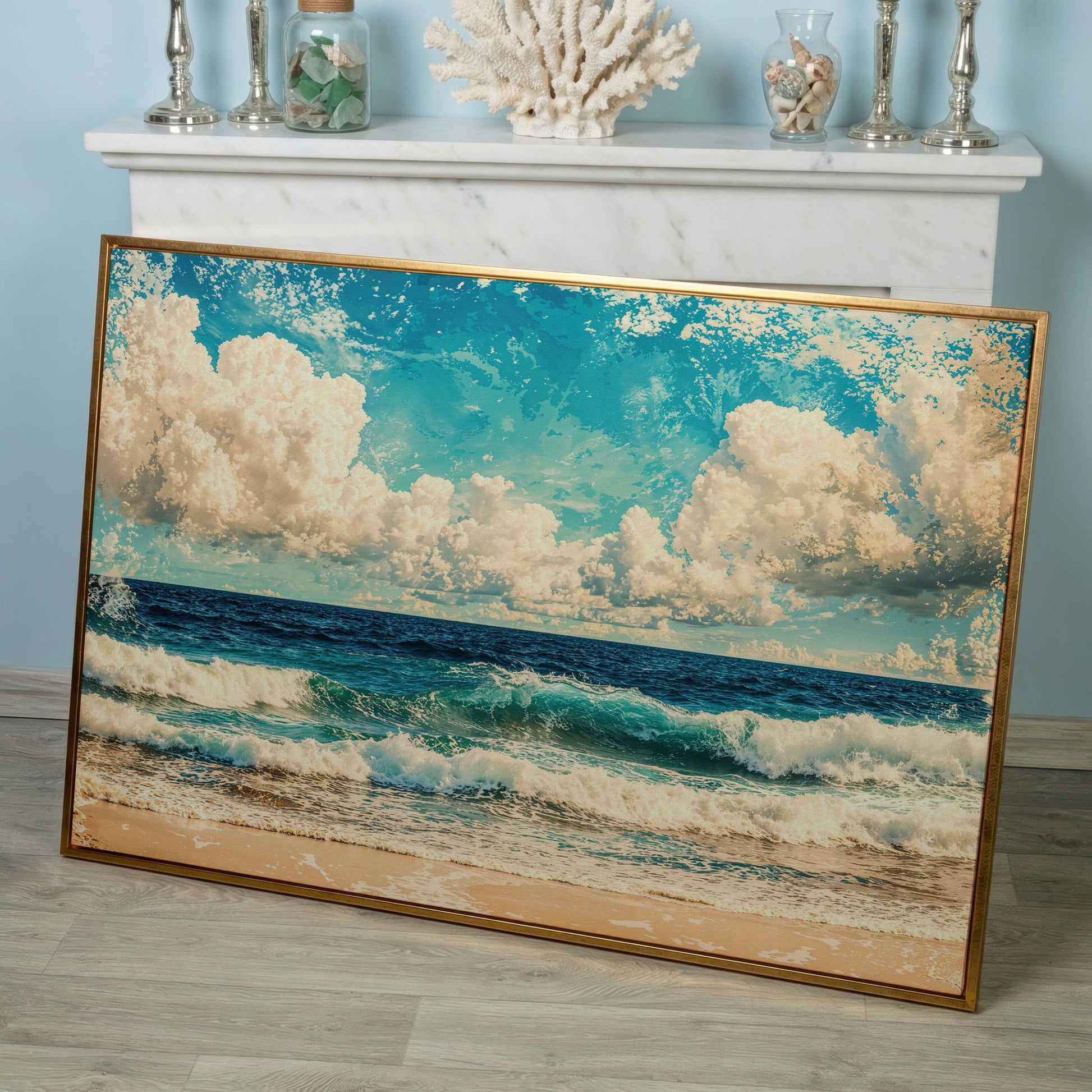 Ocean Waves Canvas Print: Teal & Cream Coastal Seascape in rose gold floating frame