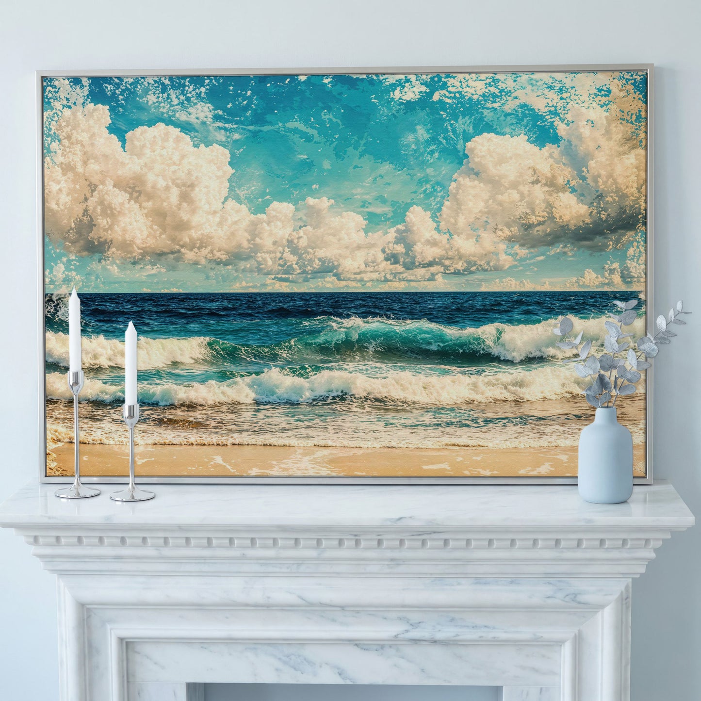 Ocean Waves Canvas Print: Teal & Cream Coastal Seascape in silver floating frame
