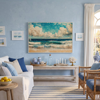 Ocean Waves Canvas Print: Teal & Cream Coastal Seascape in white floating frame