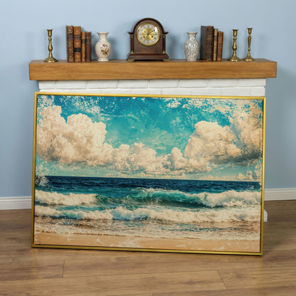 Ocean Waves Canvas Print: Teal & Cream Coastal Seascape in yellow gold floating frame