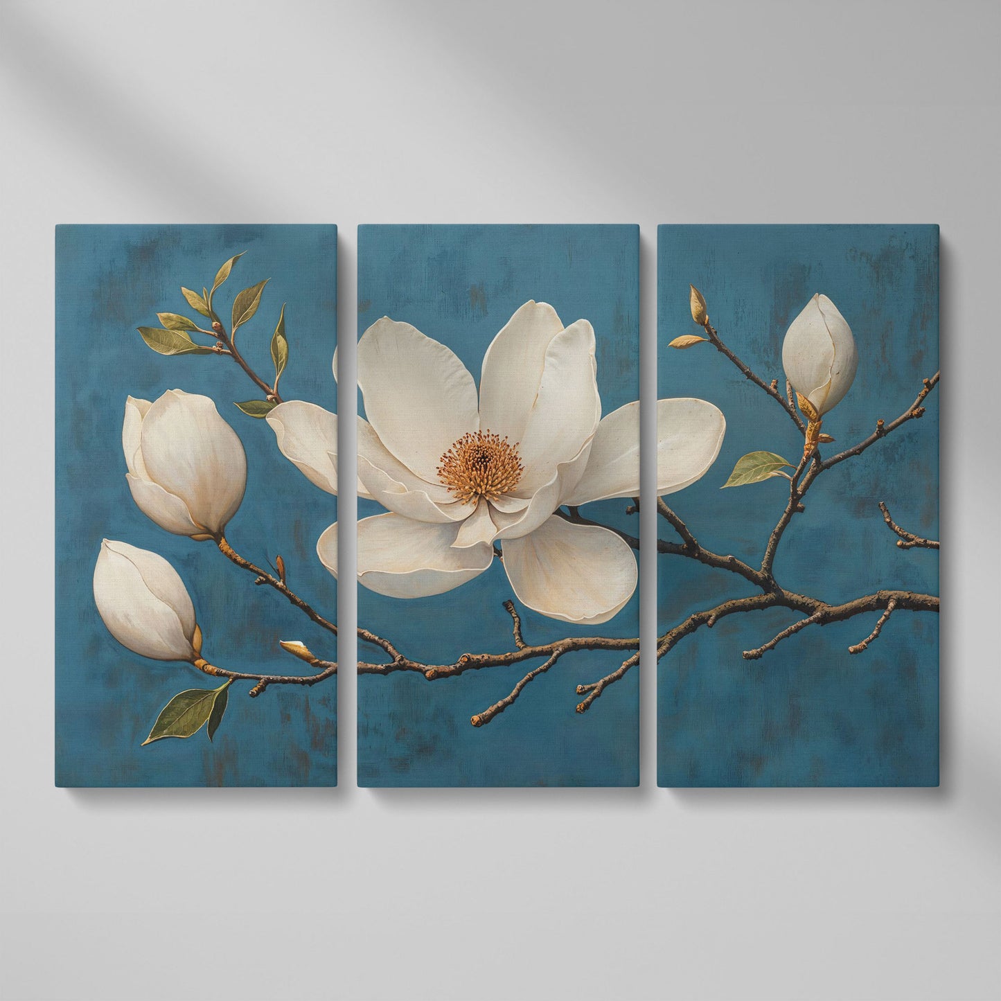 Magnolia Blossom Canvas Print in Ivory and Teal as 3-panel split version