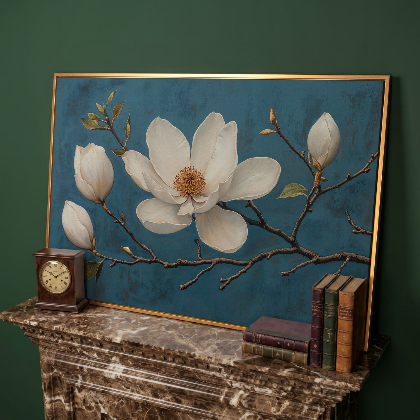 Magnolia Blossom Canvas Print in Ivory and Teal in antique gold floating frame