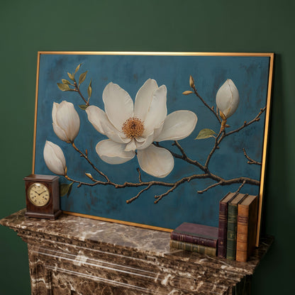 Magnolia Blossom Canvas Print in Ivory and Teal in antique gold floating frame