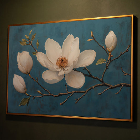 Magnolia Blossom Canvas Print in Ivory and Teal shown in antique gold floating frame