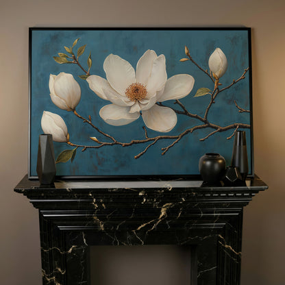 Magnolia Blossom Canvas Print in Ivory and Teal in black floating frame