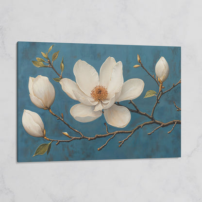 Magnolia Blossom Canvas Print in Ivory and Teal on gallery wrap