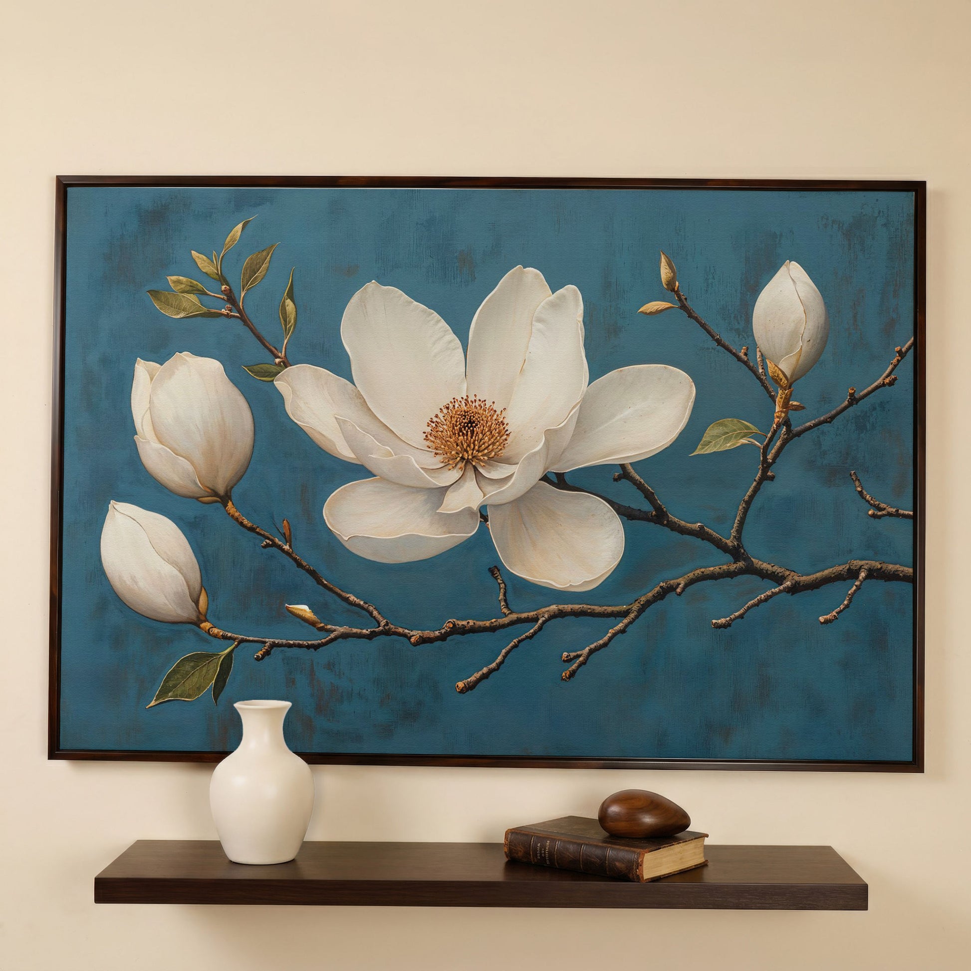 Magnolia Blossom Canvas Print in Ivory and Teal in dark walnut floating frame