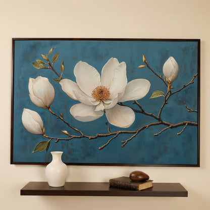 Magnolia Blossom Canvas Print in Ivory and Teal in dark walnut floating frame