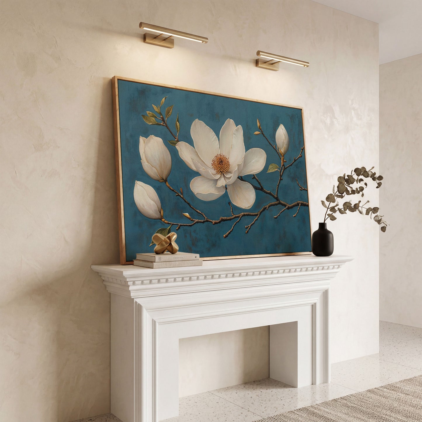 Magnolia Blossom Canvas Print in Ivory and Teal in white oak floating frame
