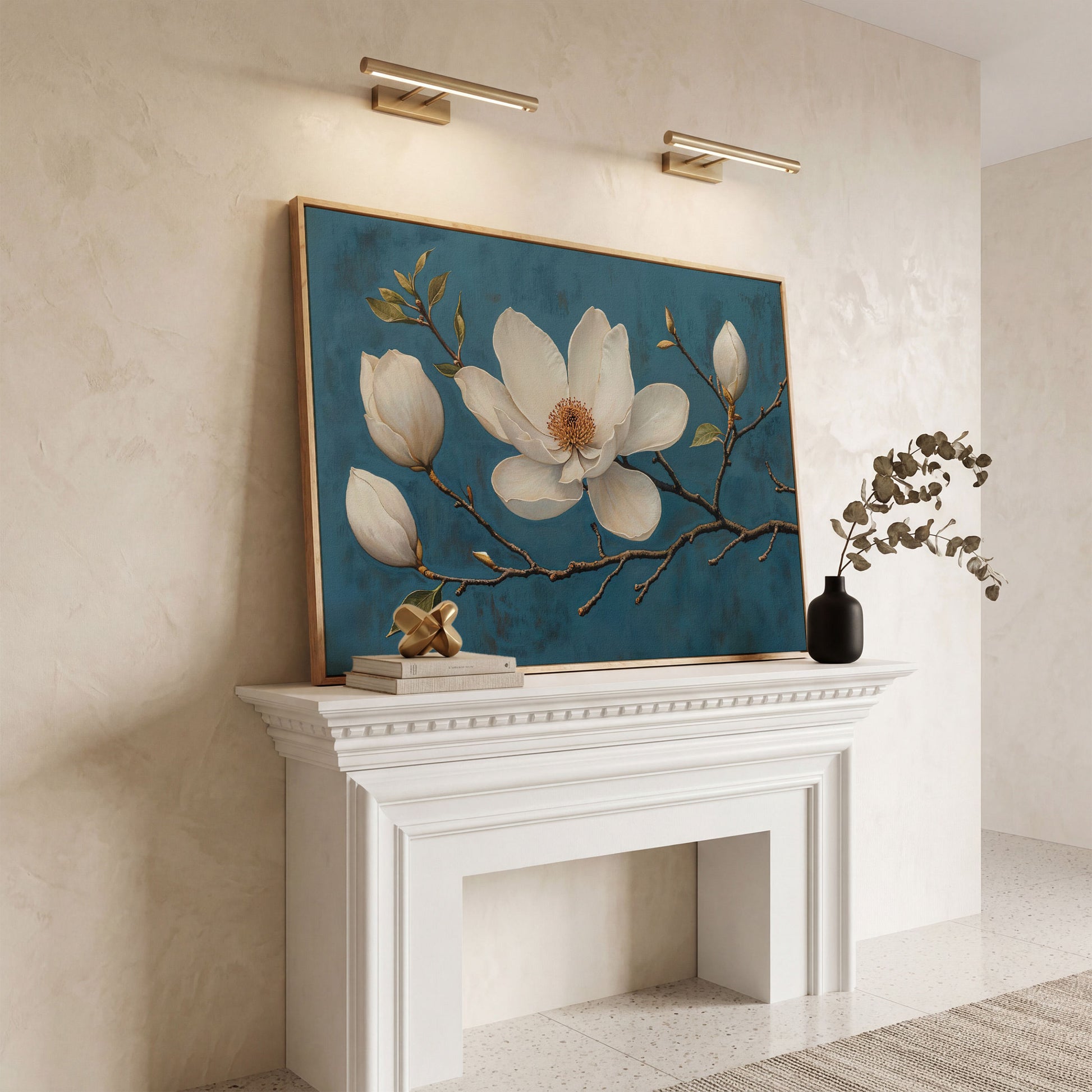 Magnolia Blossom Canvas Print in Ivory and Teal in white oak floating frame