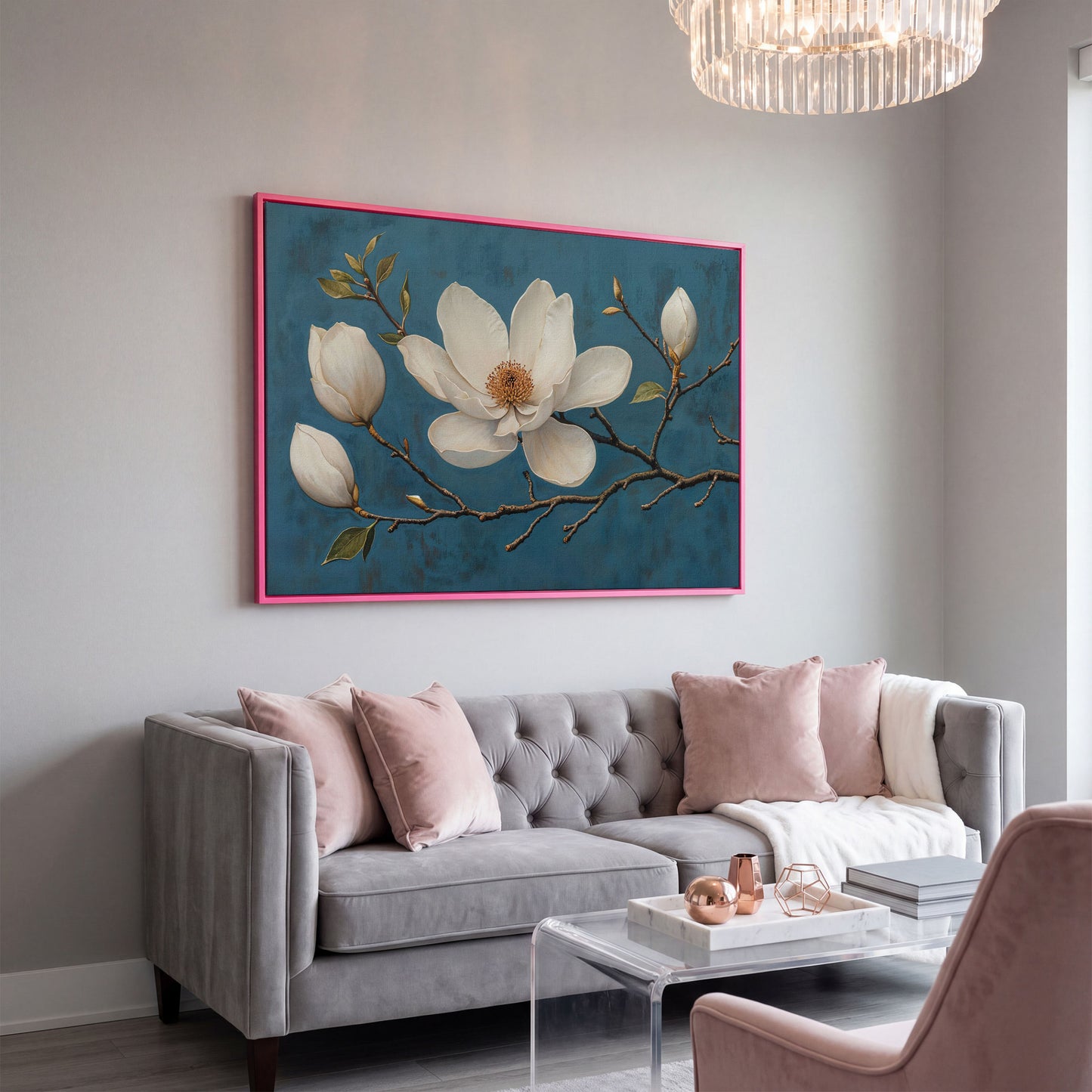 Magnolia Blossom Canvas Print in Ivory and Teal in pink floating frame
