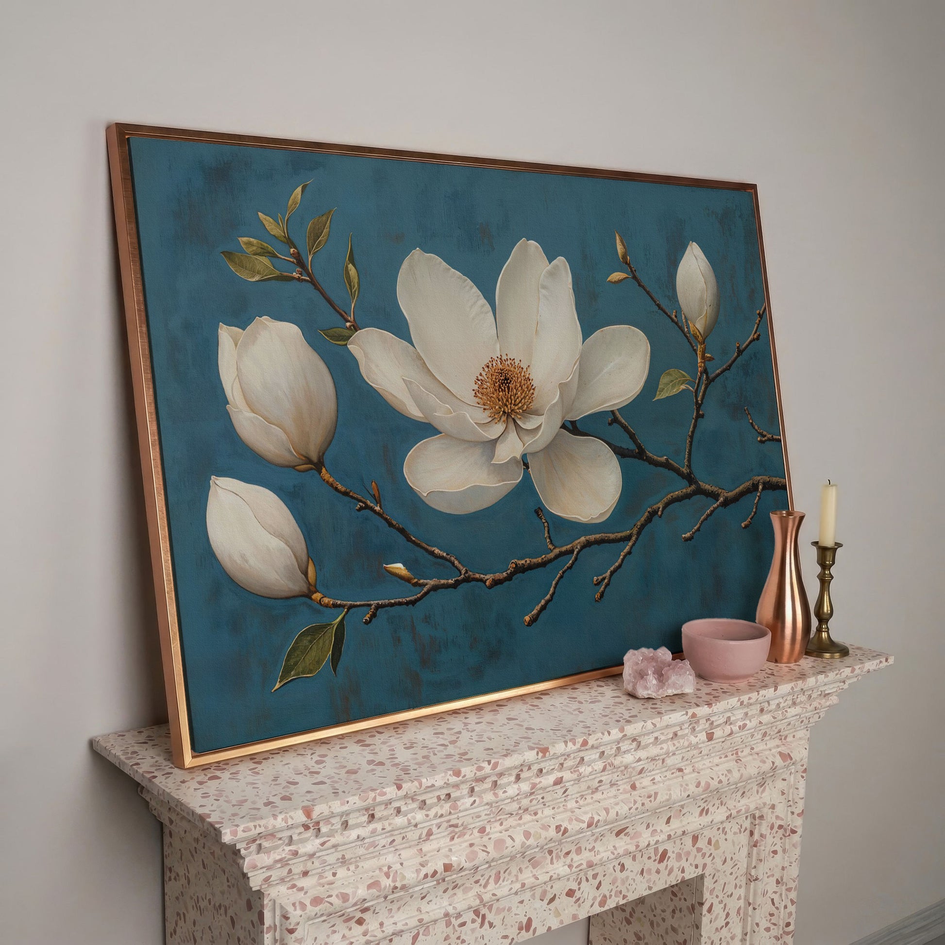 Magnolia Blossom Canvas Print in Ivory and Teal in rose gold floating frame