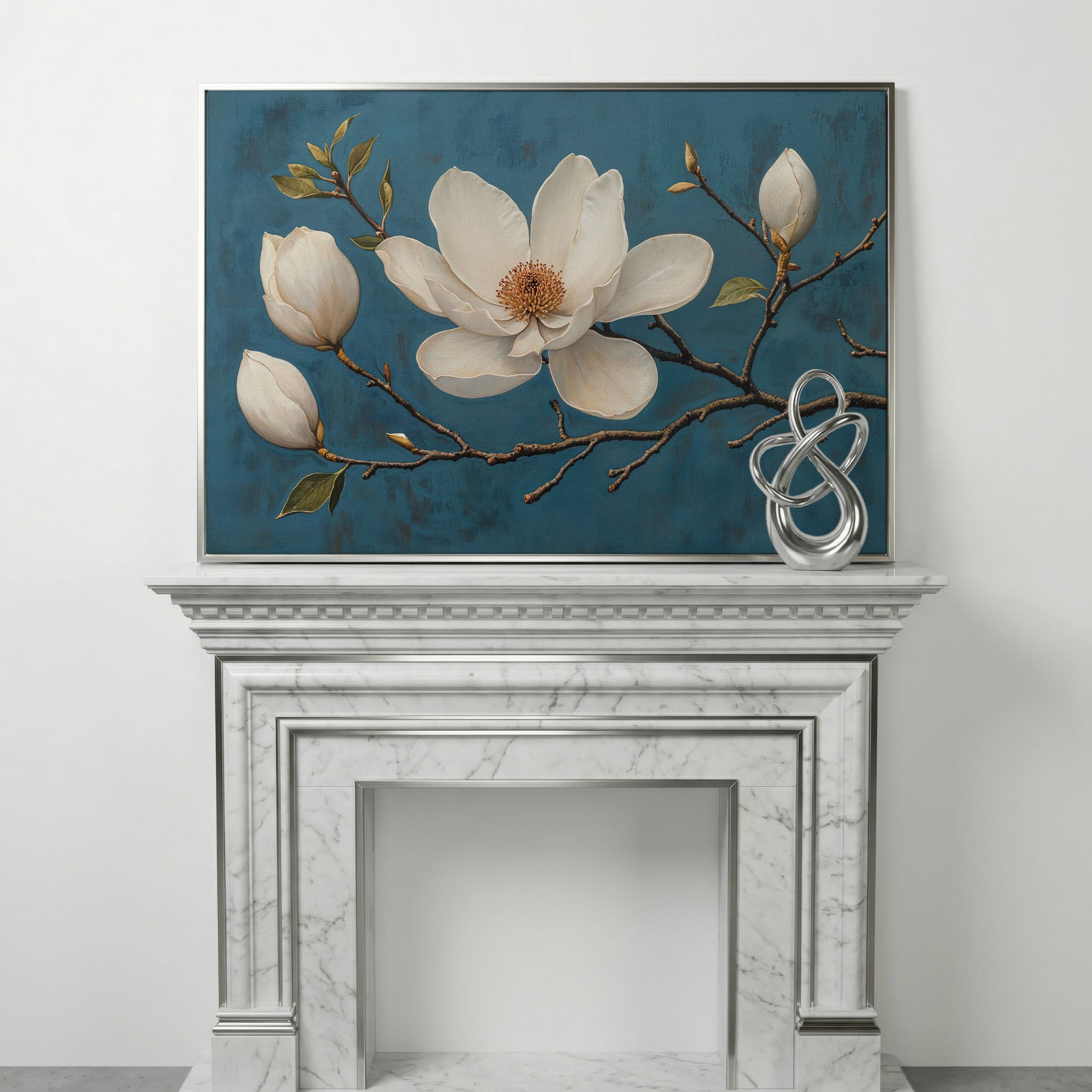 Magnolia Blossom Canvas Print in Ivory and Teal in silver floating frame
