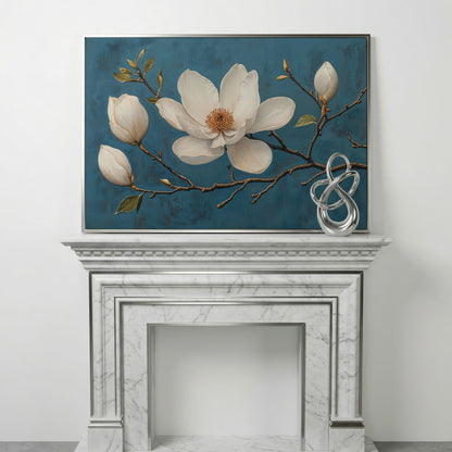 Magnolia Blossom Canvas Print in Ivory and Teal in silver floating frame