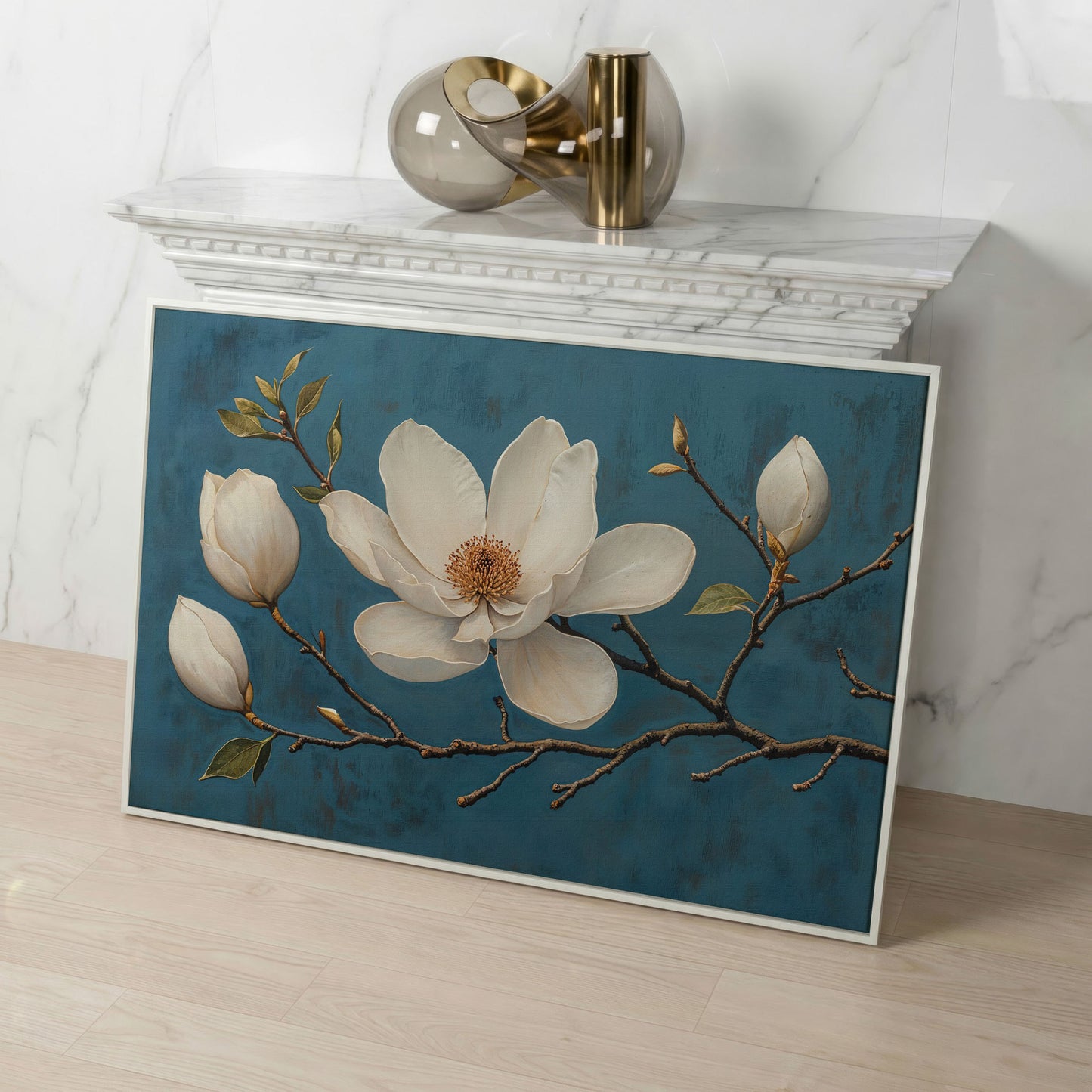 Magnolia Blossom Canvas Print in Ivory and Teal in white floating frame