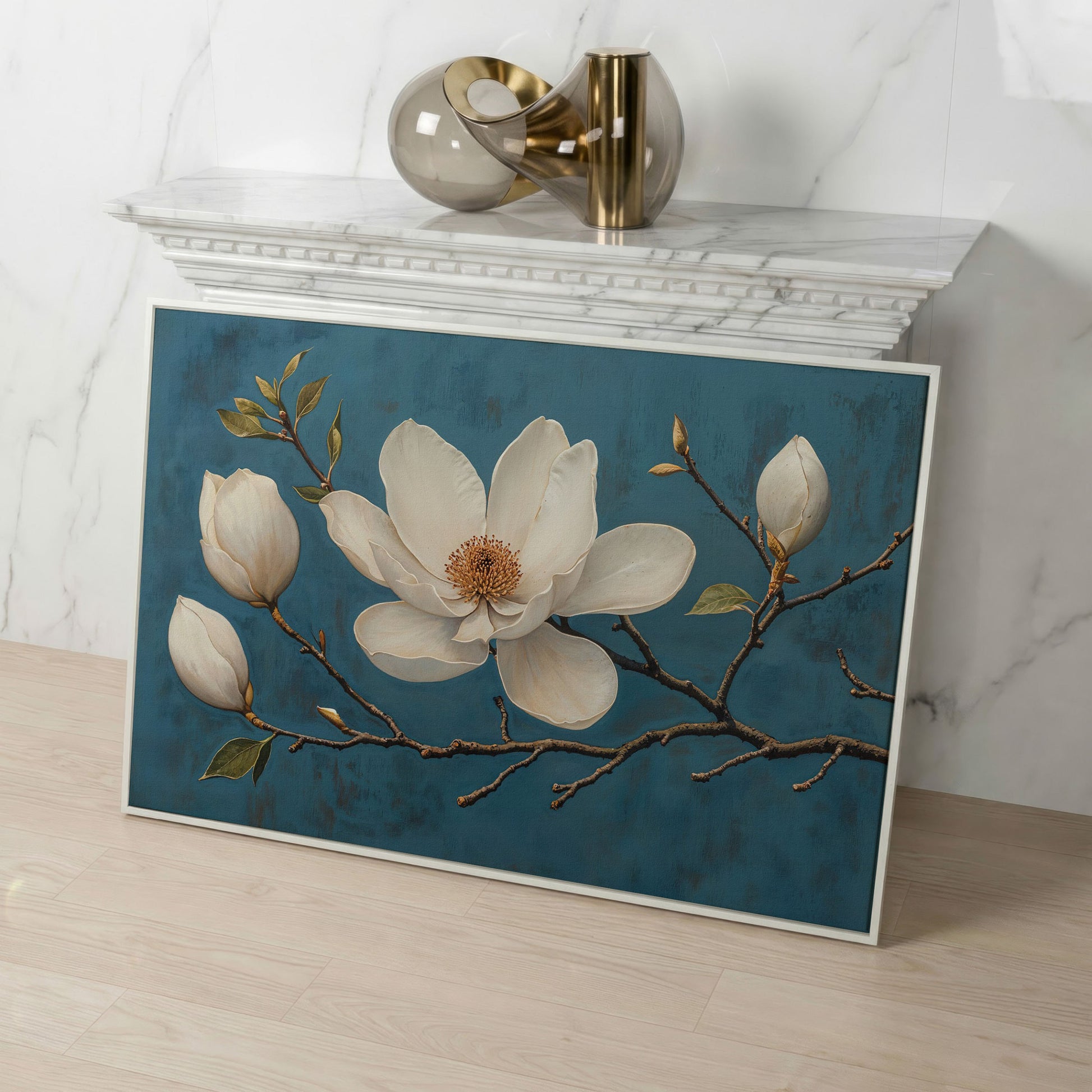 Magnolia Blossom Canvas Print in Ivory and Teal in white floating frame