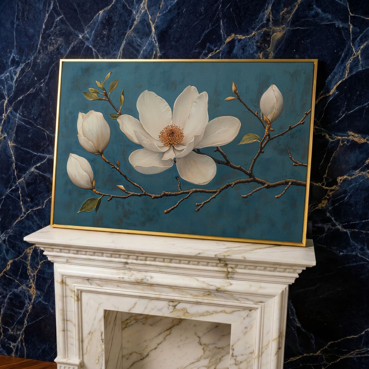 Magnolia Blossom Canvas Print in Ivory and Teal in yellow gold floating frame