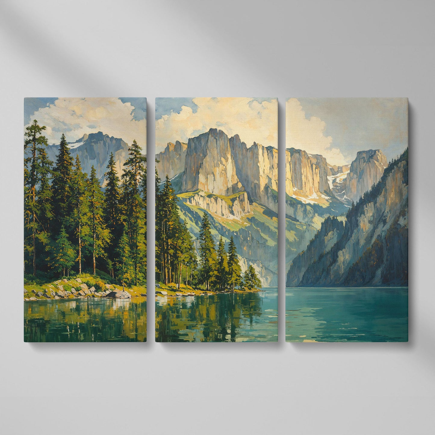 Mountain Lake with Pine Forest Canvas as 3-panel split version