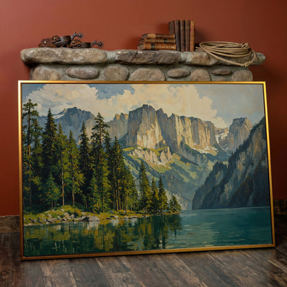 Mountain Lake with Pine Forest Canvas in antique gold floating frame
