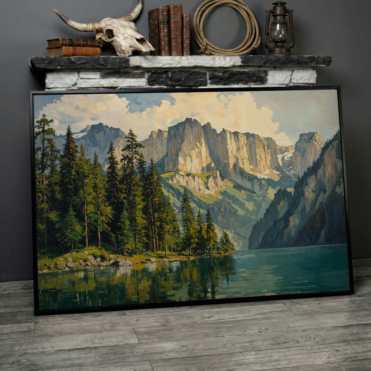Mountain Lake with Pine Forest Canvas in black floating frame